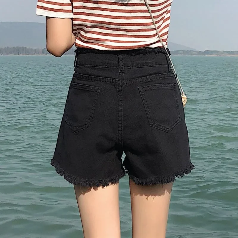 Women’s High-Waist Wide-Leg Denim Shorts – Spring Summer Fashion with Tassels, Casual Black Jeans for Girls Beachwear Shorts & T-shirts