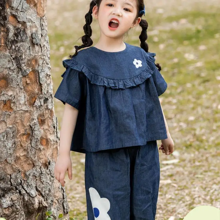 

Girls' Suit 2022 Summer New Western Style High-End Fashionable Printed Wooden Ear Children Denim Two-Piece Suit