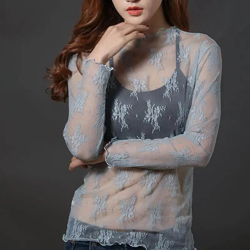 ตัวเลือกสินค้า เสื้อลูกไม้แขนยาวเซ็กซี่ คอสูง แฟชั่นต่างประเทศ