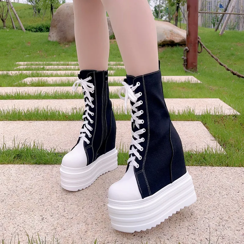 ALLINNINE Women's High Heel Canvas Sneakers - Wedge Platform Lace-Up Shoes (Size 4-11, B White-Black)