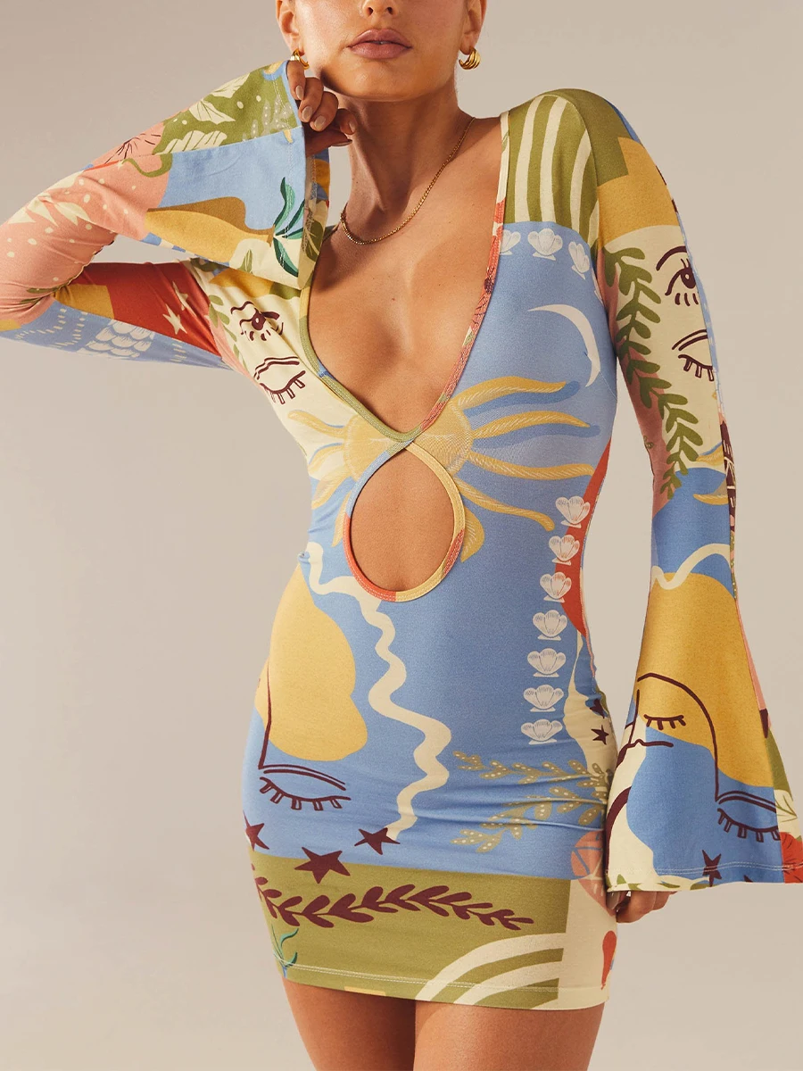 

Fashion vintage Women Bodycon Dress Long Sleeve Elegant Deep V-neck Hollowed Graphic Print Slim Fit Mini Dress Vestidos