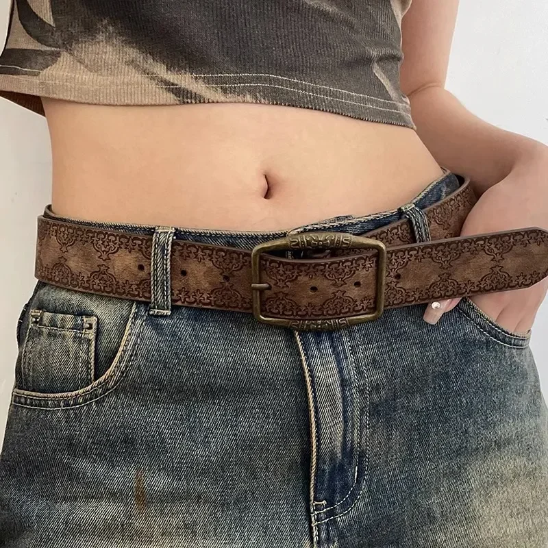 

Pattern Print Retro Y2K Belts For Women Luxury Designer Brand Buckle Pin Waist Belt Female Pu Leather Hip Hop Fashion Waistband