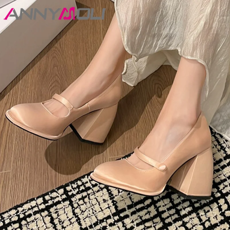 

ANNYMOLI Women Pumps Thick High Heels Round Toe Mary Janes Buckle Concise Party Spring Autumn Shoes Black Yellow Pink 34-39