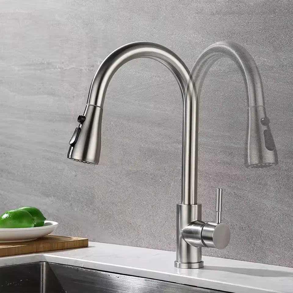 Kitchen Faucets Brushed Hot and Cold Pull-out Sink Faucet With 3 Functional Nozzles