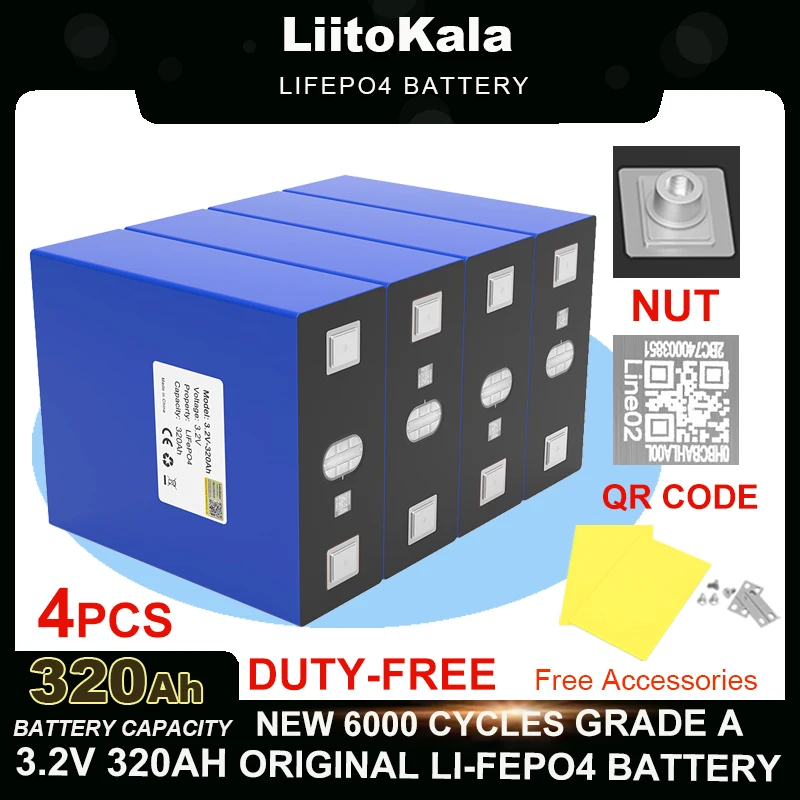 

4pcs LiitoKala 3.2V 320Ah Lifepo4 Rechargeable Battery Cell 4s 8s 12v 24v Inverter Travel Solar RV Campers batteries Duty-free