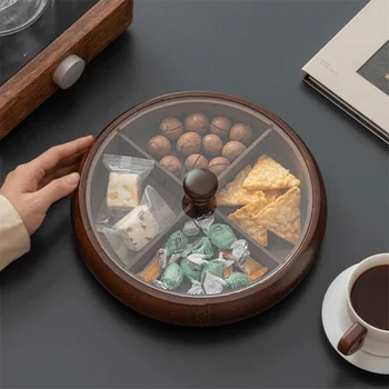 Organizer da Scrivania con 4 Scomparti, Vassoi per Snack in Legno, Piatto Rotondo Retrò Cinese per Frutta Secca, Scatola per Tavolino da Caffè
