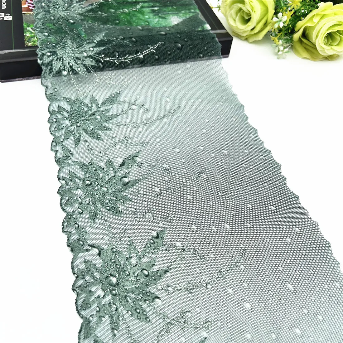 3y/lot Width 19cm Dark Green Shiny Embroidery Lace Trim Wedding For Skirt Hem Clothes Sewing Material DIY Apparel Dress Fabric 2