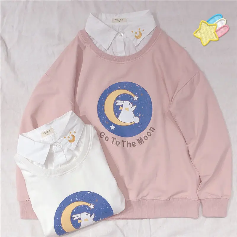 Women Fake Two Pieces Sweatshirt 2024 Fall Korean Cartoon Letters Printed Hoodies All-MAtch New Sweet Pink Pullover Women Tops