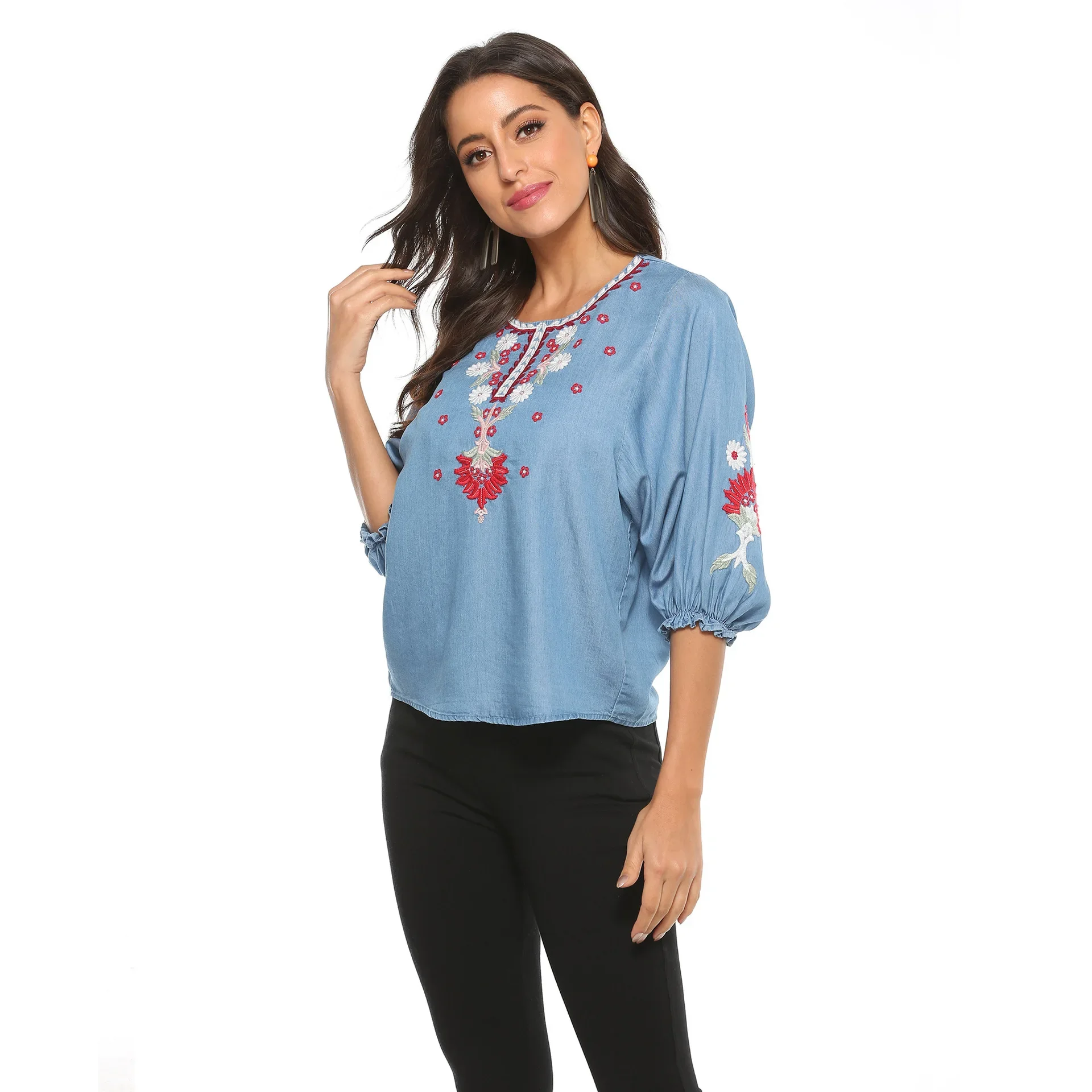

Eaeovni Women's Summer Boho Embroidered Mexican Shirts long Sleeve Casual Tops Blouse Denim Peasant Blouse
