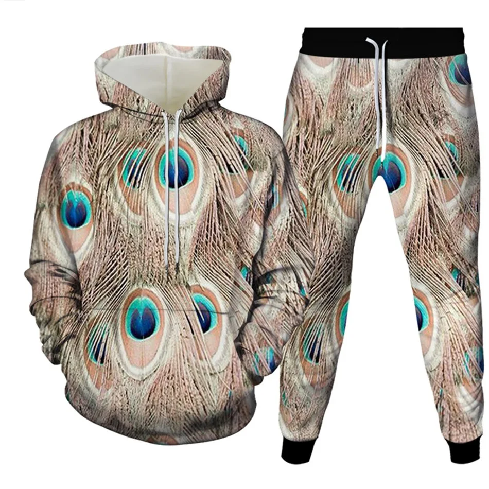 Autumn/Winter Hoodies Set Color Animal Peacock Feather Pattern 3D Print Men Clothing 2 Pieces Sweatpants Oversize High-quality 4