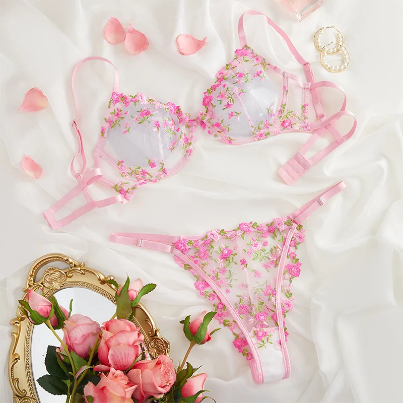Women Lingerie Set Super Sexy Transparent Thin Lace Flower Embroidered Two-piece See-through Panties V-neck Bra Set women lingerie set