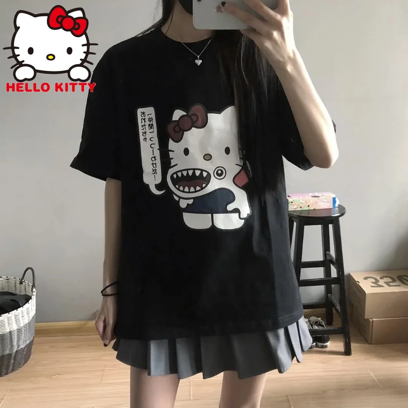 

Футболка с принтом Hello Kitty в стиле Харадзюку, женский корейский топ с аниме принтом, Повседневная Базовая черная Дамская рубашка с коротким рукавом и круглым вырезом