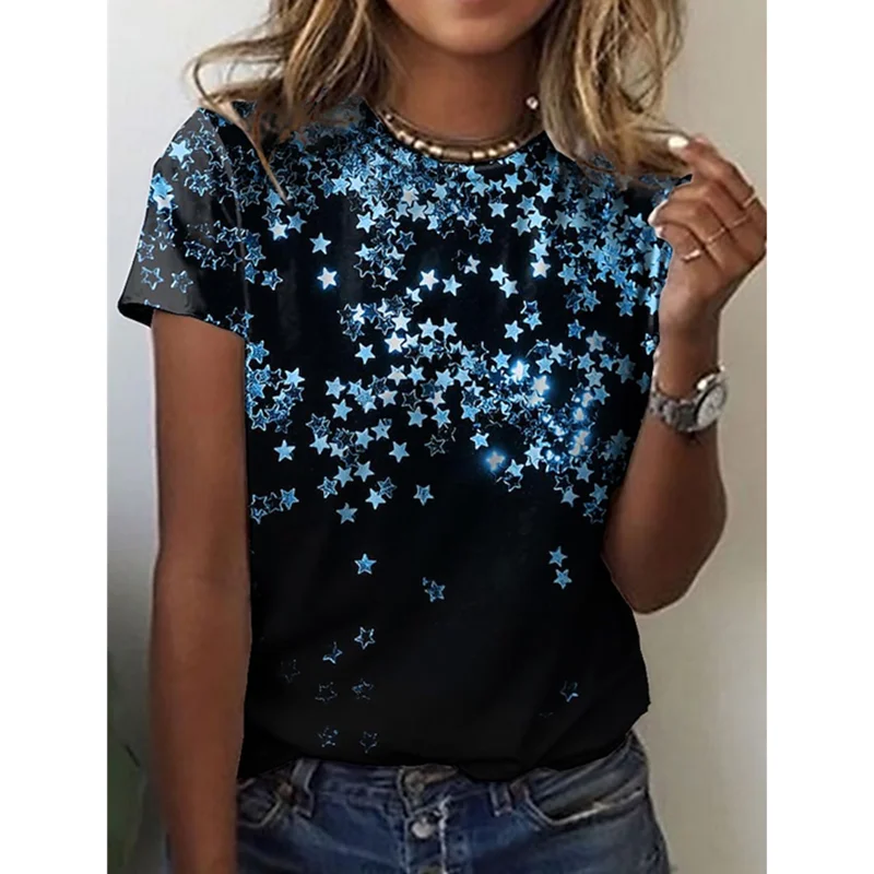 NEW SUMMER Fashion Casual Wear Women's Round Loose Shirt Bachelorette Party T-shirt Female Harajuku Polka Dot Star Decoration NEW SUMMER Fashion Casual Wear Women's Round Loose Shirt Bachelorette Party T-shirt Female Harajuku Polka Dot Star Decoration