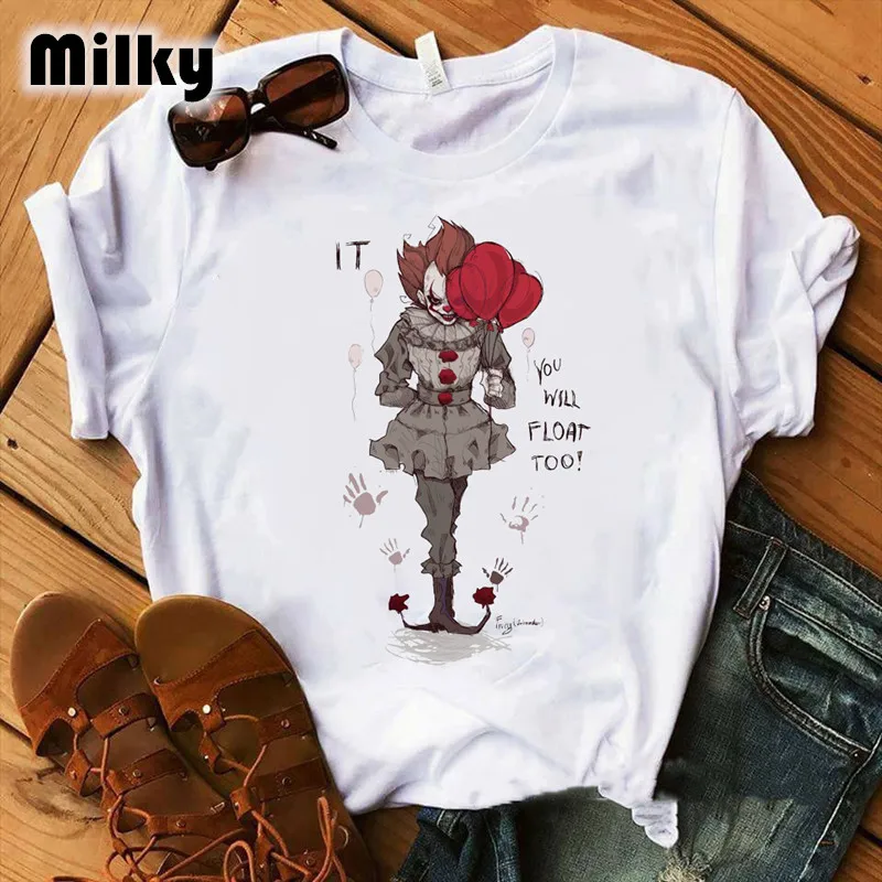 thumbnail image 1 of Camiseta personalizada de película de payaso de terror para mujer, ropa con estampado de Stephen King, Pennywise, Tops para mujer 2024, 1 of 5