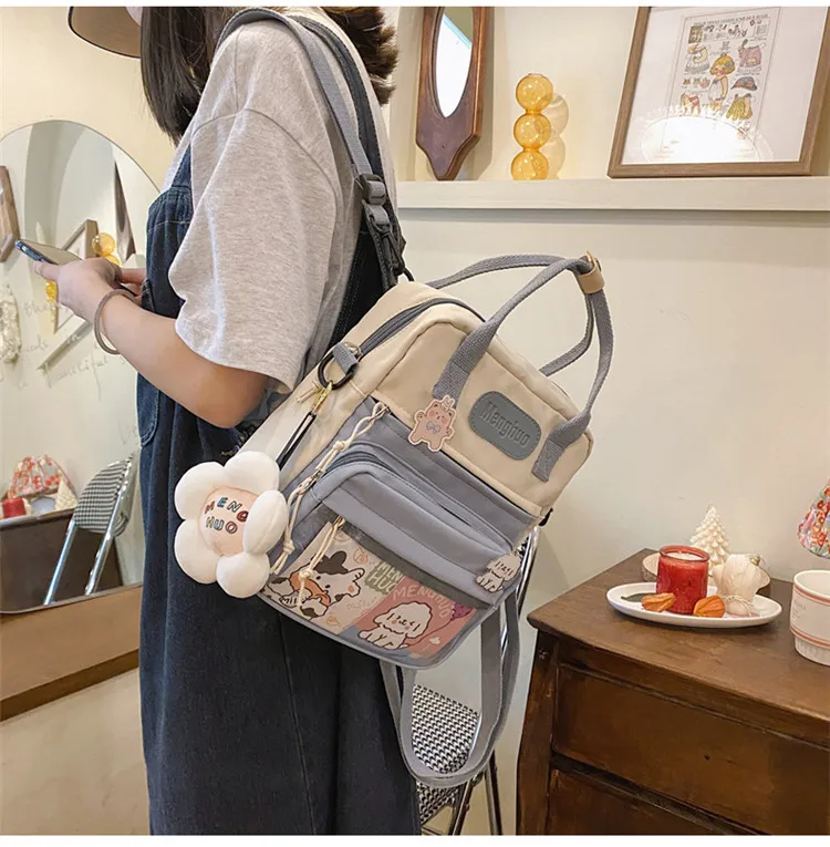 Clear Pocket 3 Ways Backpack for Teens Women Simple Canvas Rucksack Mini Packbag Teen Girls Backpacks for Daily Shopping 2089