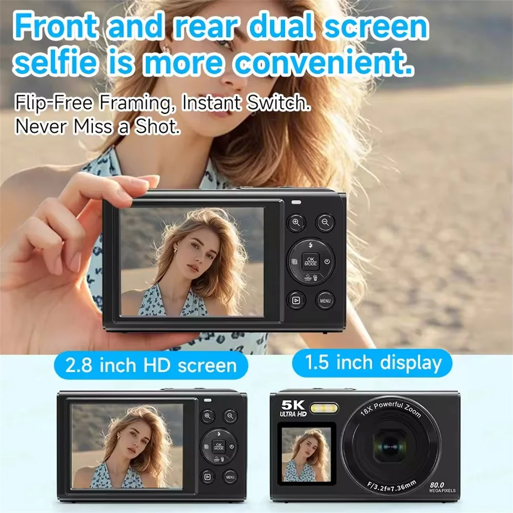 5K Dual Screen Digital Camera 80MP Retro CCD Photographic Cameras 8000W Pixel Auto Focus with 18x Zoom for Kid Adult Photography - 4