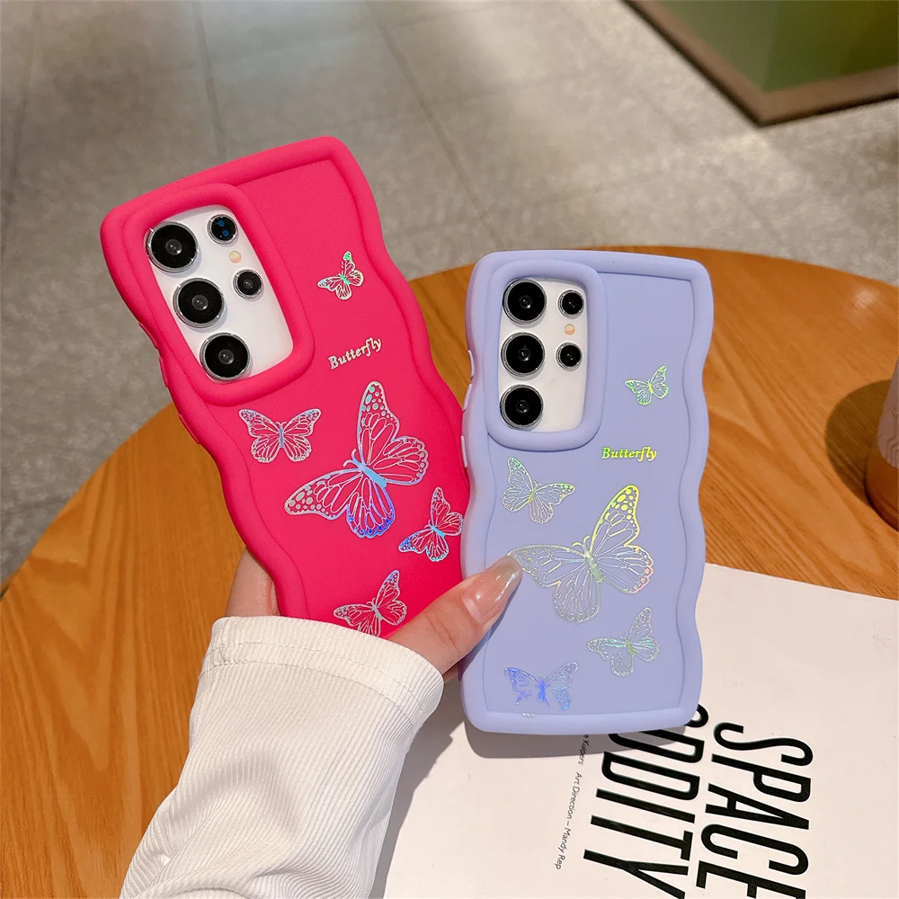 Glitter Laser Sommerfugl Bølget Silikon Telefondeksel til Samsung S24 S23 FE S22 Ultra S21 A55 A54 A53 A52 A35 A34 A15 A14 A12 Deksel_voghion.com