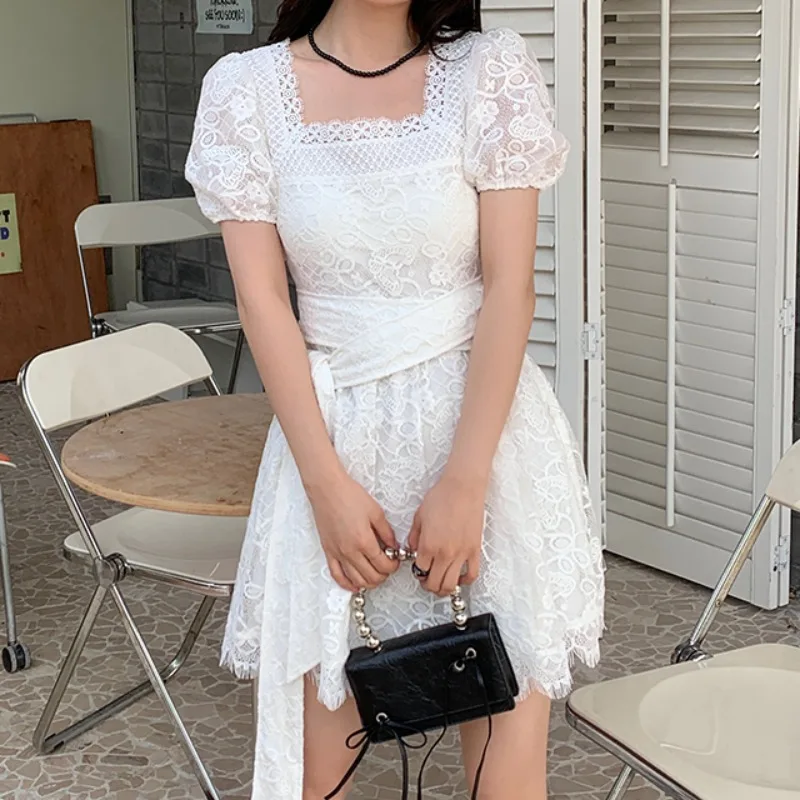 

White Lace Dress Bodycon Summer Square Neck Lace-up Elegant Women Clothing Short Sleeve Runway Design Party Mini Dress