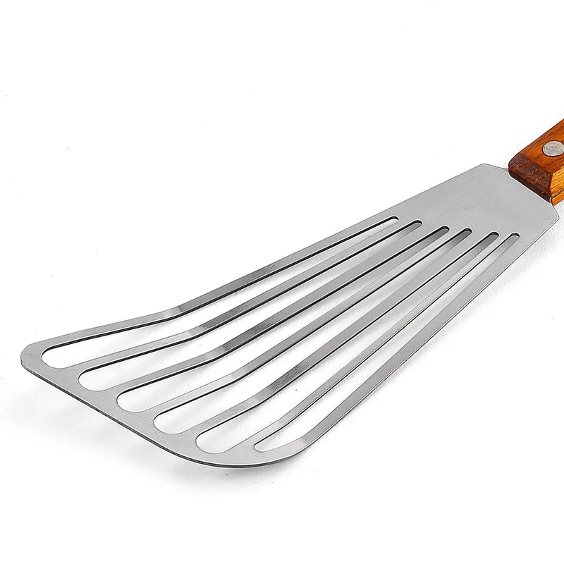 Stainless Steel Cooking Spatula With Wooden Handle Steak Frying Spatula Drain Kitchen Tools Fish Frying