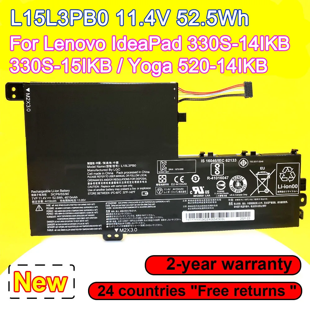Bateria para Lenovo Ideapad Bateria para Lenovo Ideapad 330s 14ikb 330s15ikb Ioga 520-14ikb Flex 14 1470 1570 L15m3pb0 L15c3pb1 L15l3pb1 52.5wh Lb150 L15l3p3p3p3p3