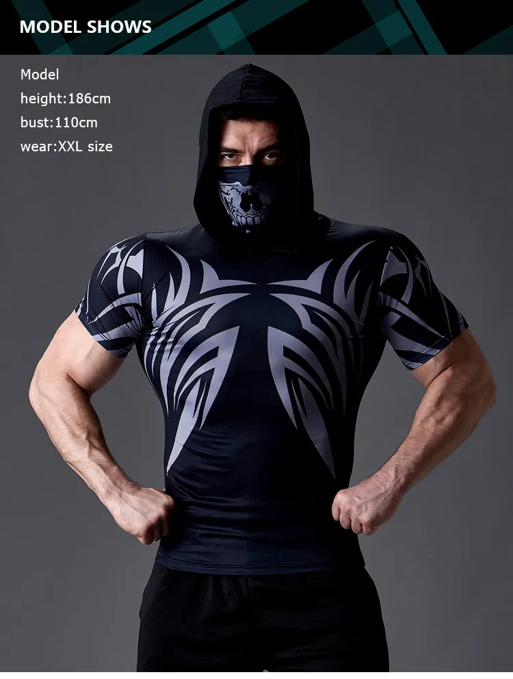 Sommer schnell trocknendes Herren-T-Shirt mit Kapuze, trendiger Totenkopf-Maske, bedruckter Kapuzenpullover, kurzärmeliger Kapuzenpullover, lässig, Sport, Fitness – Detail 6