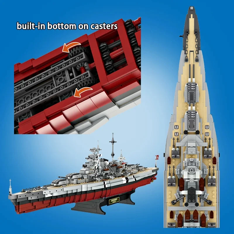 2081pcs Military WW2 Bismarck Battleship Large Boat Cruiser Model Weapon Building Blocks MOC Warship Set Toys for Children Gifts 3