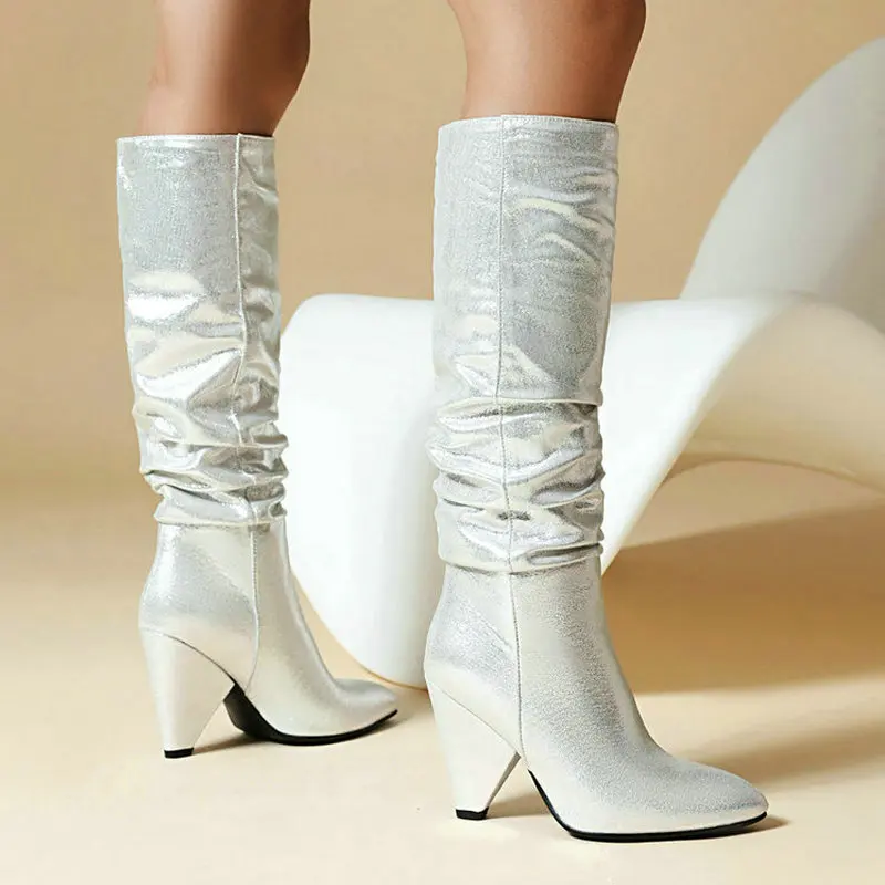 

2024 Women Knee High Boots Fashion Pointed Toe Strange Style Ladies Calf Boots PU Leather Pleated Dress Women's Boots Big Size 4