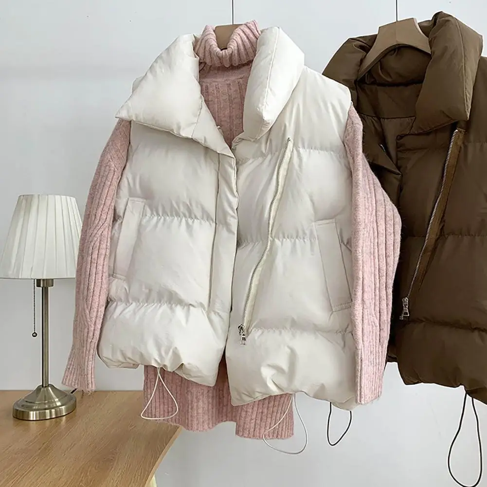 

Simple Vest Jacket Cold Resistant Puffer Vest Drawstring Hem Winter Thick Warm Cotton Puffer Waistcoat Loose