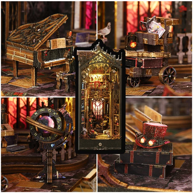 DIY Book Nook Kit 3D Wooden Puzzle Miniature Doll House Toy Assembly Model Building Bookends Bookshelf Insert Decor Xmas Gifts 3