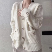 Autumn Button Pocket Knitted Cardigan Fashion Women Winter Casual Loose Coat Korean Tops Knit Sweater Outerwear Clothing 28347