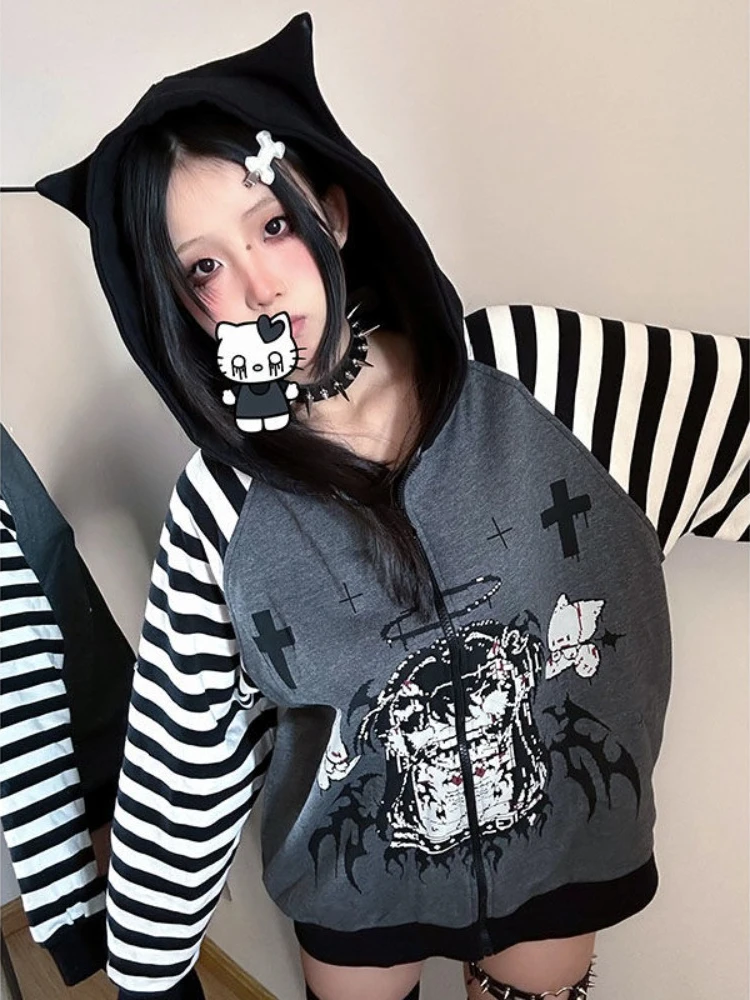 

HOUZHOU Gothic Harajuku Stripes Hoodie Women Japanese Fashion Patchwork Punk Cute Cartoon Print Oversized Hooded Sweatshirt Y2k