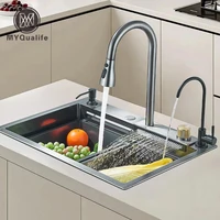 304 Stainless Steel Waterfall Kitchen Sink Large Single Slot Integrated 60X45cm Faucet Set Soap Dispenser Pure Water Tap 1