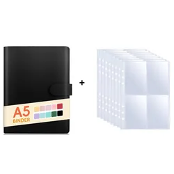 Premium A5 PU Leather Photocard Binder with 10 Pocket Sleeves - Elegant Loose Leaf Personal Organizer & Photo Album (Black set)