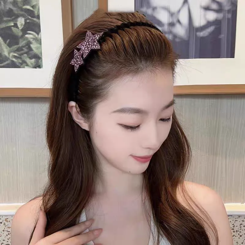 라인스톤 스타 플로킹 헤드밴드 여성용 레트로 앞머리 정리용 헤어핀 미끄럼 방지 헤어 액세서리