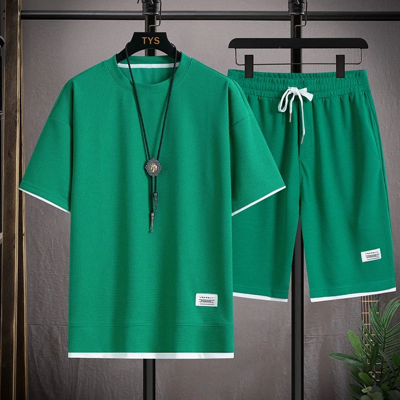 Summer Men's Waffle Sets Casual T-Shirt And Shorts Set Male Sports Suit Solid Color Tracksuit Loose Suits Size 3XL