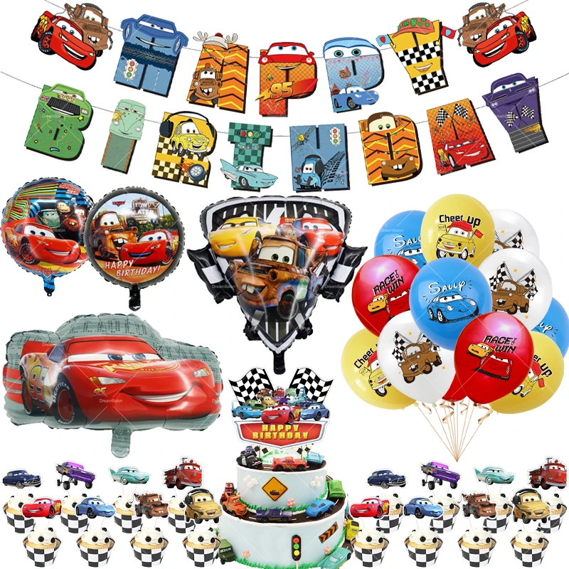 thumbnail image 1 of Globos de Disney Cars, decoración para fiesta de Rayo Mcqueen, pancarta de feliz cumpleaños, vajilla de Pixar, telón de fondo, adorno para tarta de coche de carreras, 1 of 4