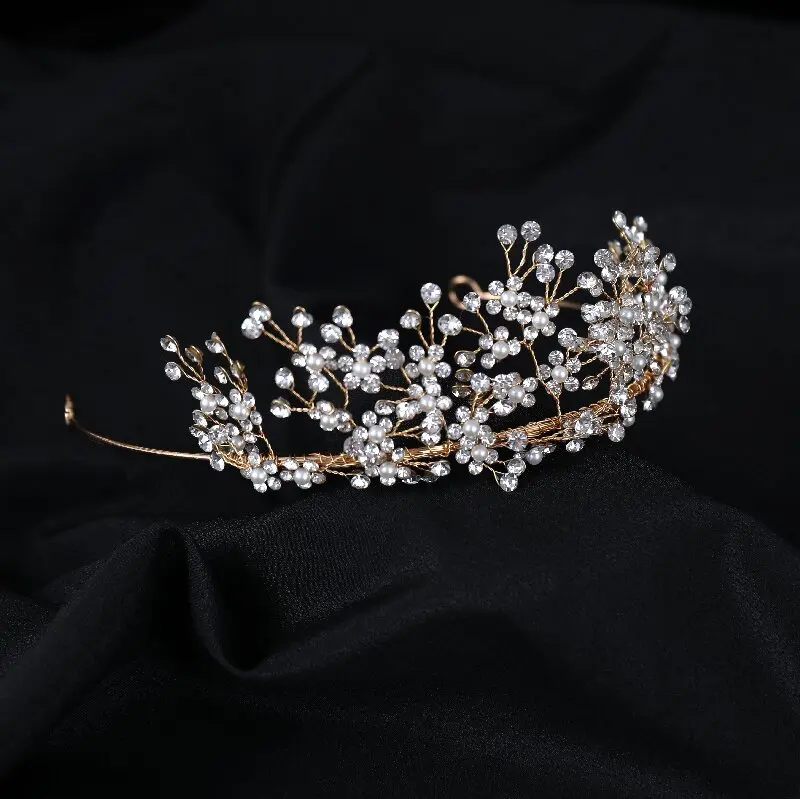 Floralbride Handmade Rhinestones Crystal Pearls Flower Bridal Tiara Headband Bridal Hair Vine Women Jewelry Hair Accessories