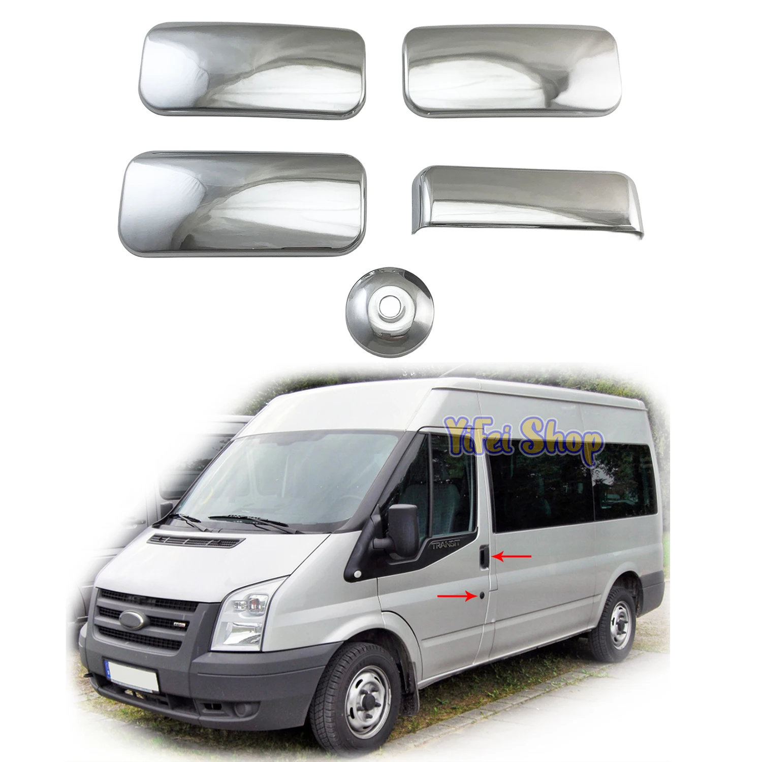 

2000 2008 2010 2020 For Ford Transit Tourneo 5pcs High Quality ABS Chrome Car Accessory Door Handle Bowl Covers Trim Paste Style