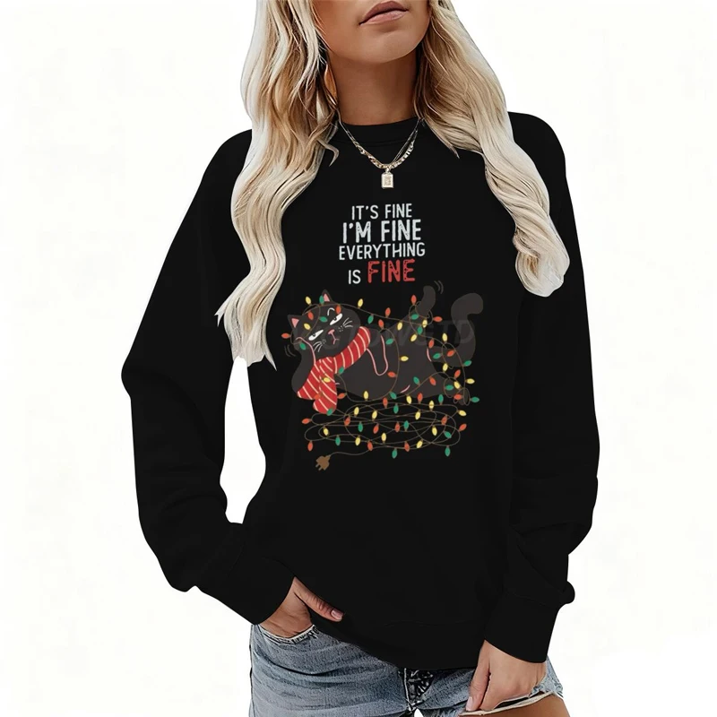 Xmas Gifts Outfits Top It's Fine I'm Fine Everything Is Fine Graphic Sweater Women Merry Christmas Cat Lights Cartoon Sweatshirt