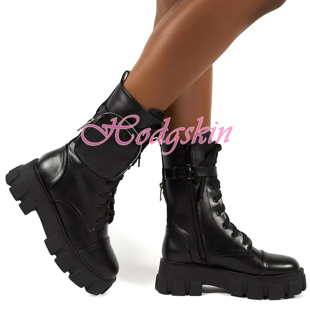 Packet Decor Ankle Boots Round Toe Solid Leather Thick Sole Side Zipper Lace Up Design Women Shoes Autumn Winter Party Dress New