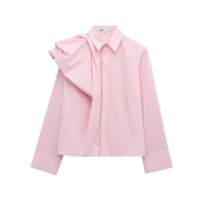 Poplin Volume Shoulder Shirt - Long Sleeve Pleated Party Blouse