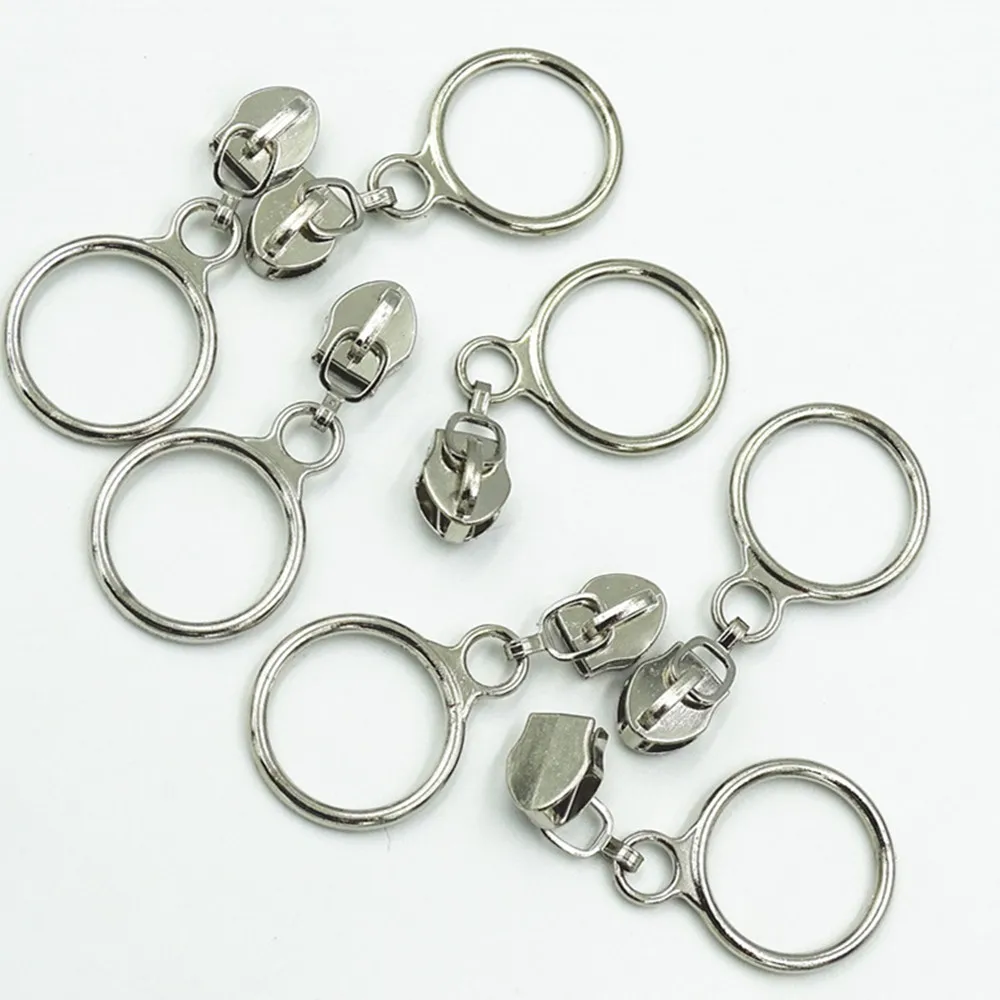 Golden Silver Colored 20pcs 5# Nylon Circle Zipper Puller Clothing Accessories Zinc Alloy luggage And Home Textile Puller