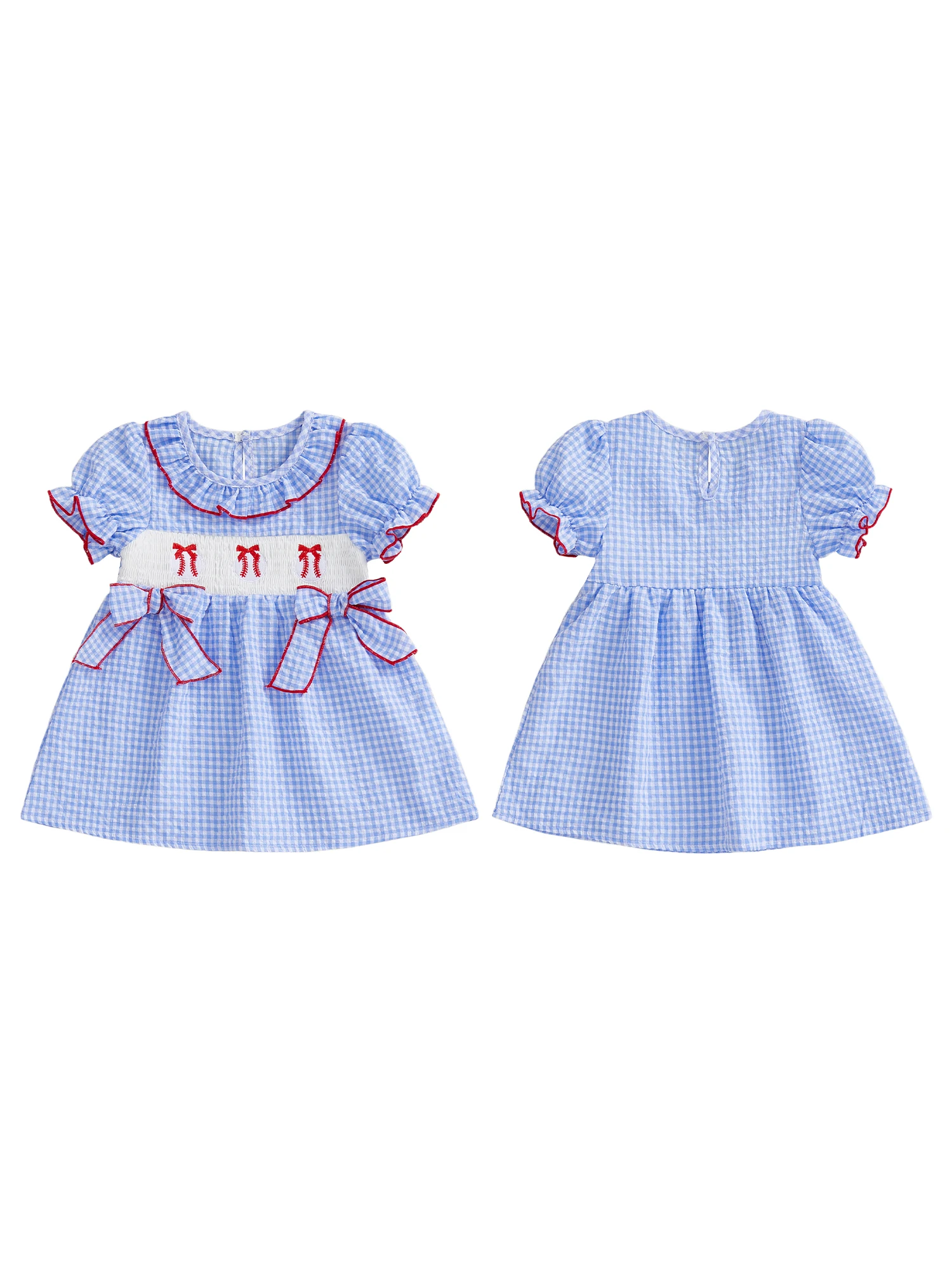 Infant Baby Girl Dress Ruffle Sleeve Round Neck Floral Embroidery Smocked A Line Checkered Dress with Bow Detail