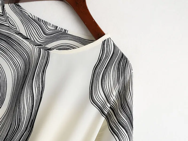 Schwarzer Wirbel gestreifter Druck Vintage Chiffon O-Ausschnitt Kurzarm Schnürung Frauen Bluse Hemd weibliche Tops Frau Kleidung Mode – Detail 8
