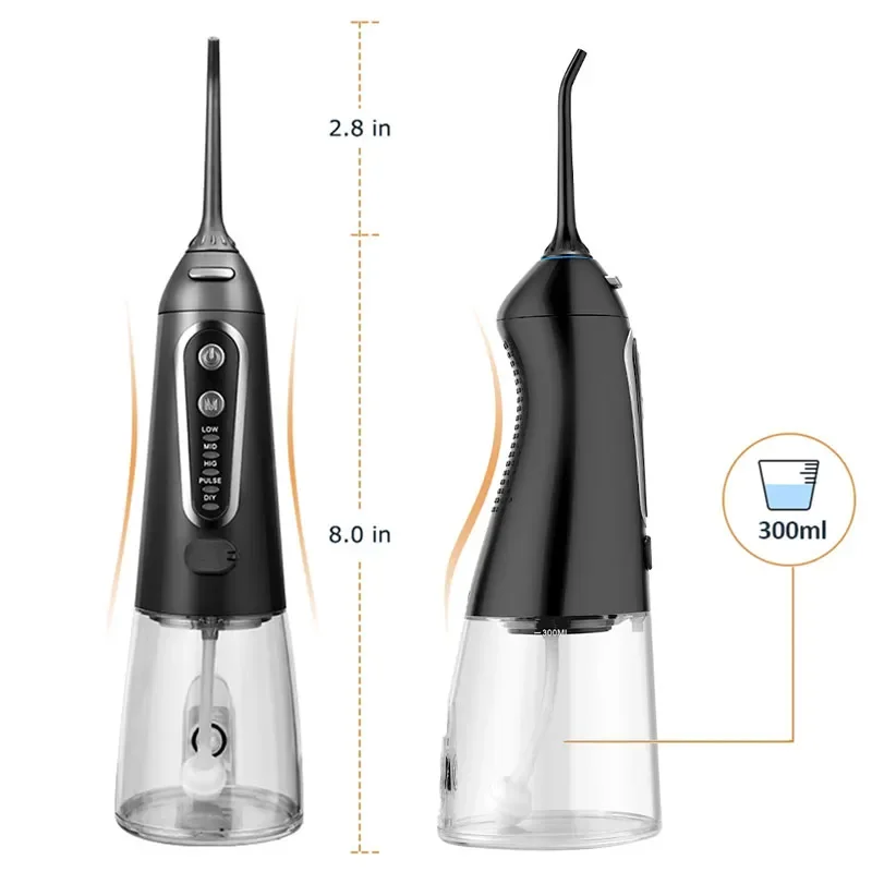 Oral Irrigator 5 Modes USB Rechargeable Portable Dental Water Flosser Jet 300ml Water Tank Teeth Cleaner 6 Jet Nozzle