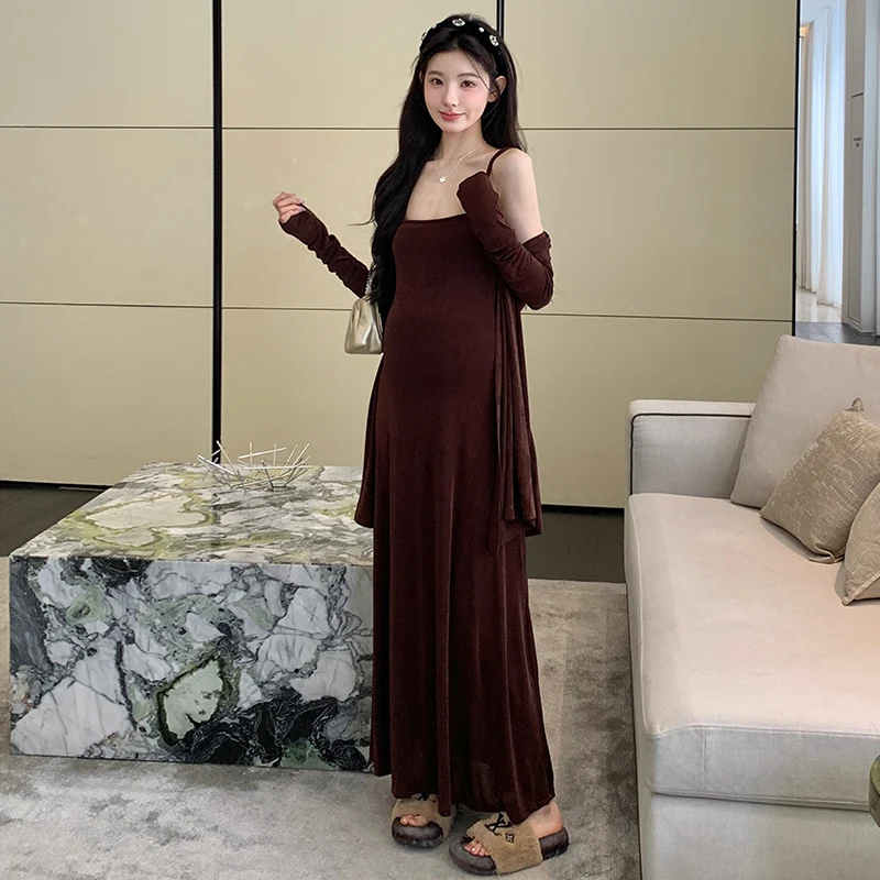 봄맞이 임부복 세트 2026년 초봄 신상 슬리밍 탄력 홀터넥 드레스 숄 가디건 투피스 세트 (임산부용)