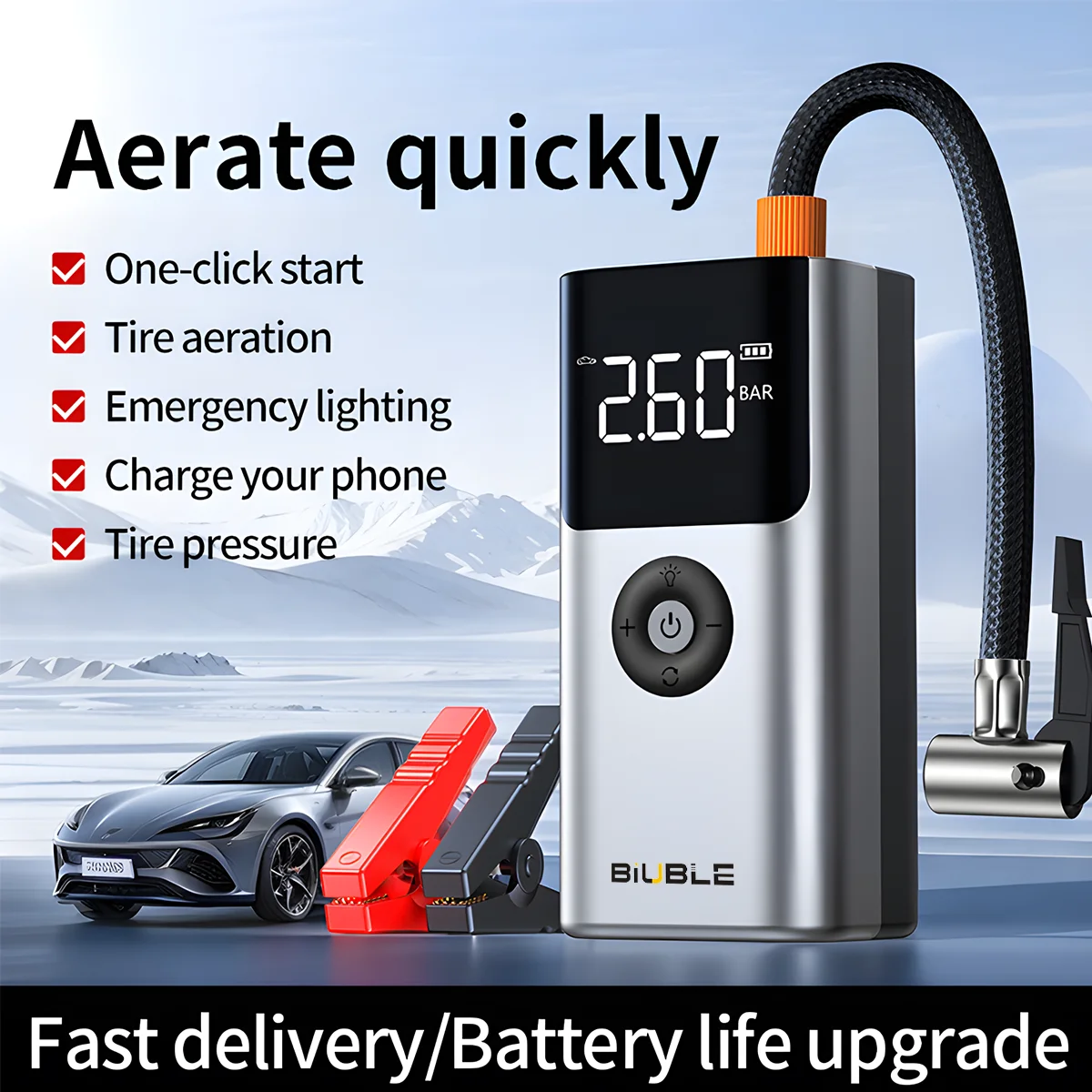 BIUBLE 2 in 1 Car Jump Starter Gas Filled 5000A Peak Aerate Quickly 12V with Fast Charging With LED Screen