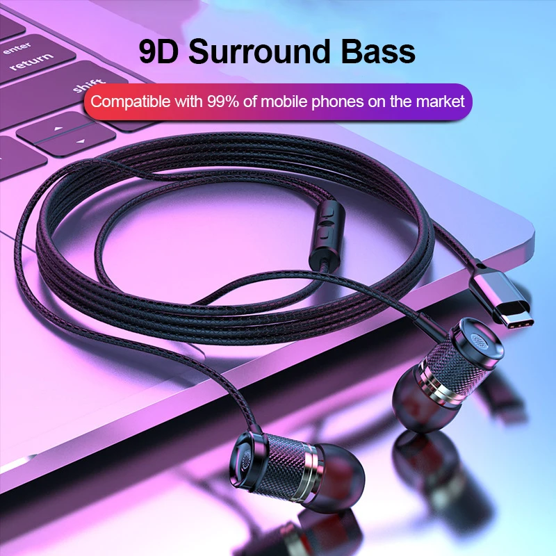 9D HIFI Heavy Bass Earphone 3.5MM AUX/Type-C Digital Chip