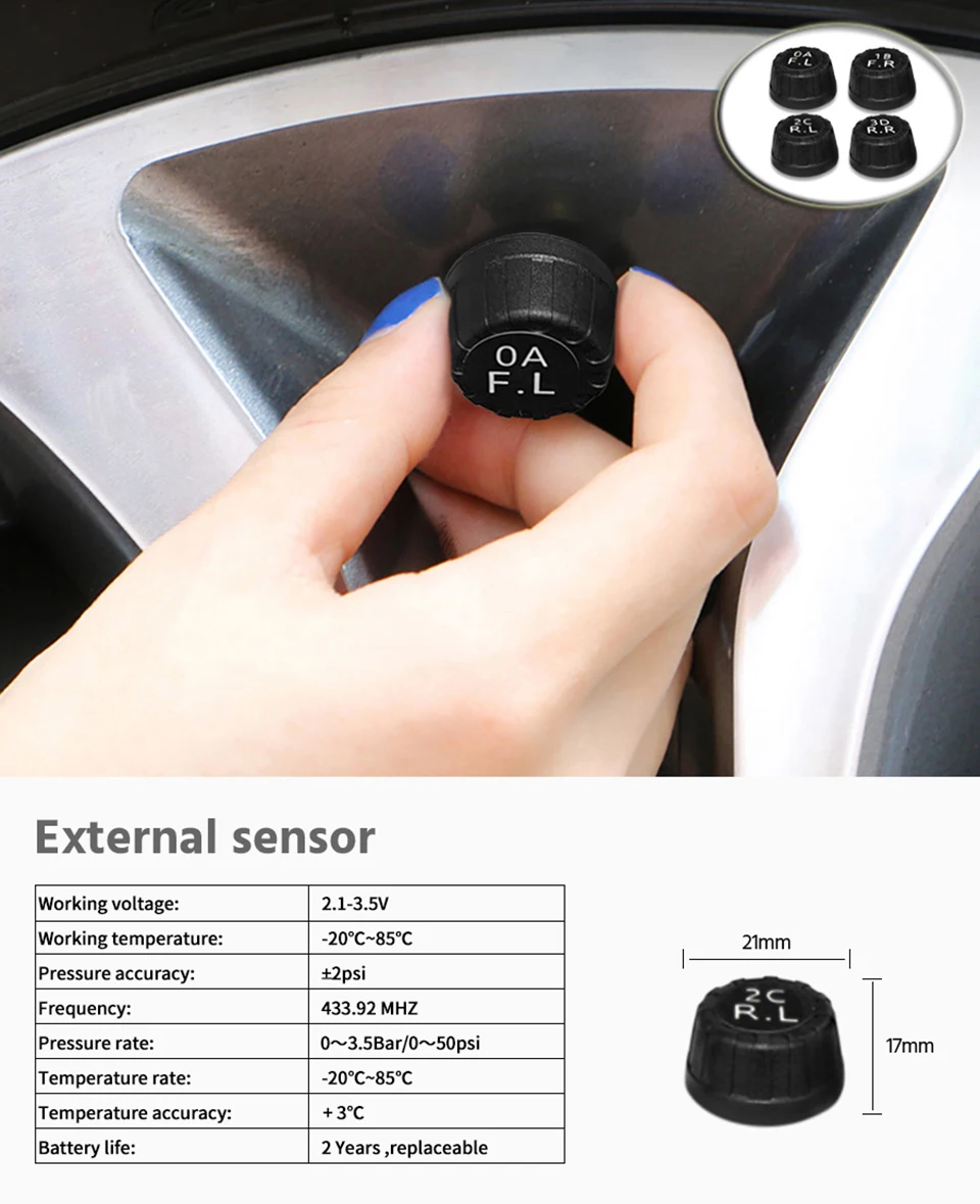 medidor de nivel de aire para llantas, USB, TPMS, sistema de Monitor de alarma de presión de neumáticos de coche, pantalla de 4 sensores, alarma de temperatura de presión de neumáticos » medidor de nivel de aire para llantas