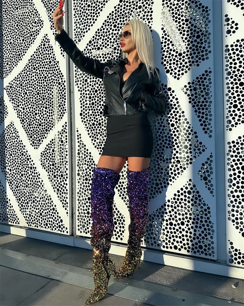 Onlymaker Women Glittery Over The Knee Boots Gradient Color